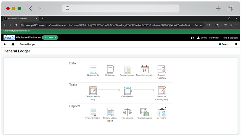 Sage Intacct dashboard with charts and financial reporting data
