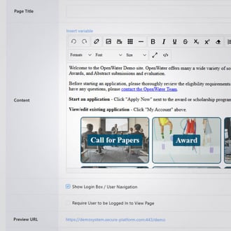 OpenWater program website builder screen