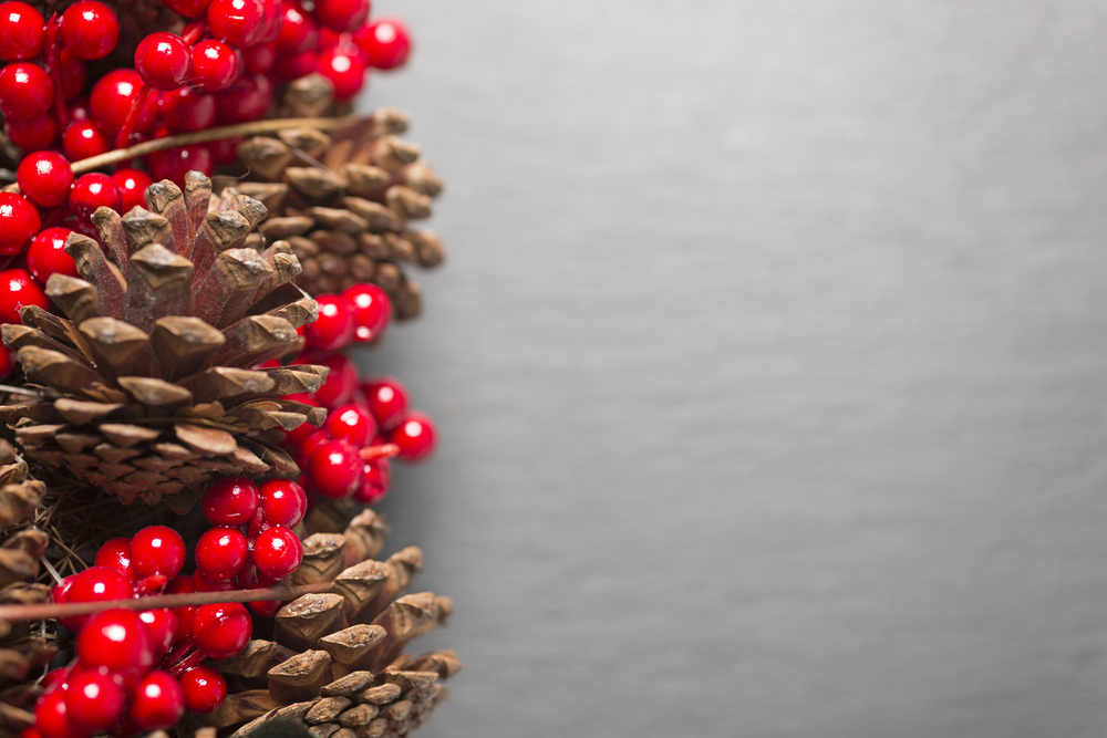 Pine cones and red holly berries on a dark slate surface