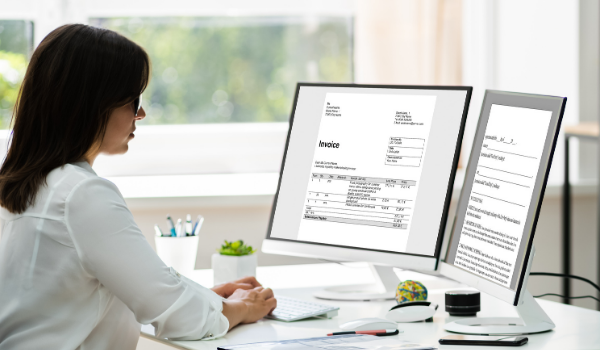 woman working on invoices on a computer